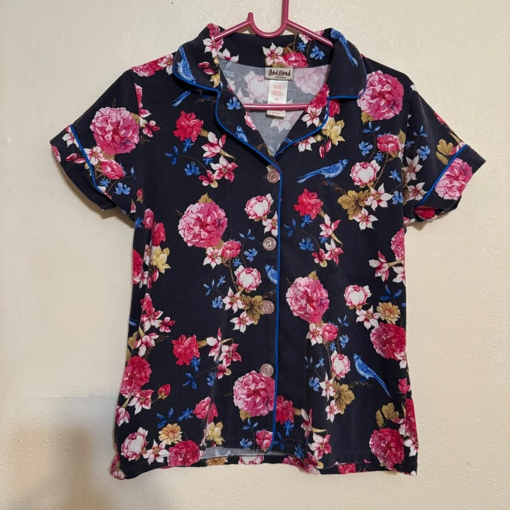 BedHead Pajama Set Button Down‎ Shirt & Pants Women's XS Floral Comfy Grey Pink